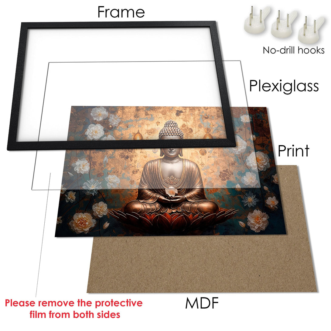 Framed Poster featuring a serene Buddha illustration in gold, teal, and white. Perfect wall art for a calming space.