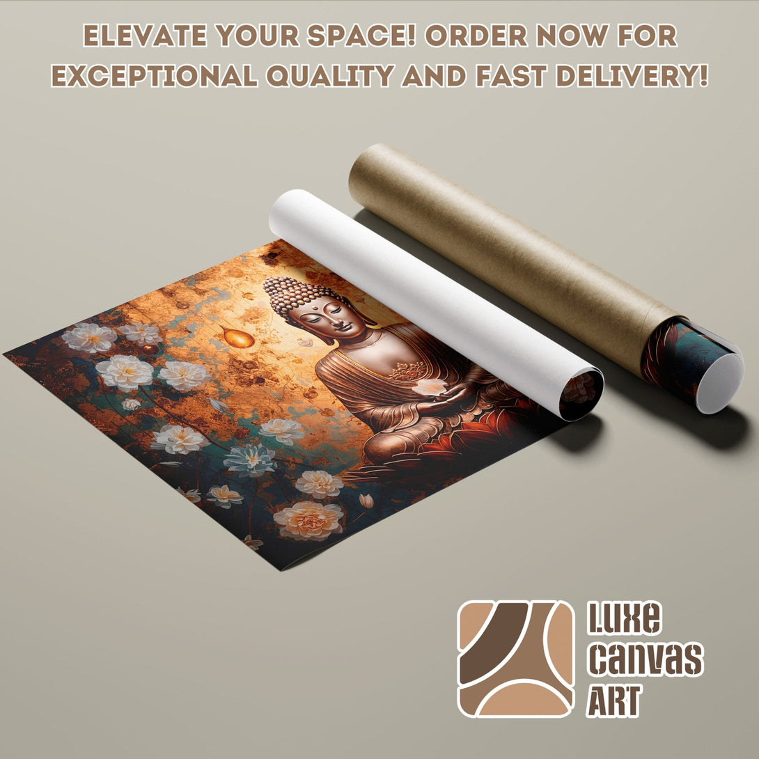 Buddha Poster Roll with floral detail, warm color palette, perfect for home decor.