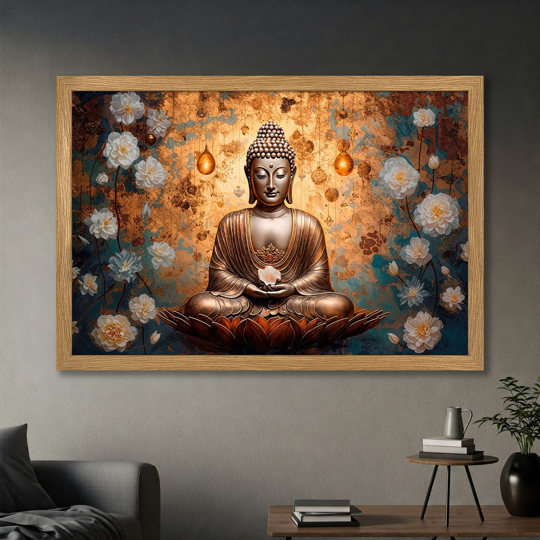 Framed Poster: Buddha in meditation, floral art with gold, teal, and white color palette for serene home decor.