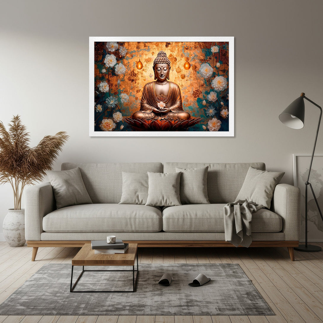 Framed Poster featuring a serene Buddha with floral accents, warm gold and teal color palette, perfect for home decor.