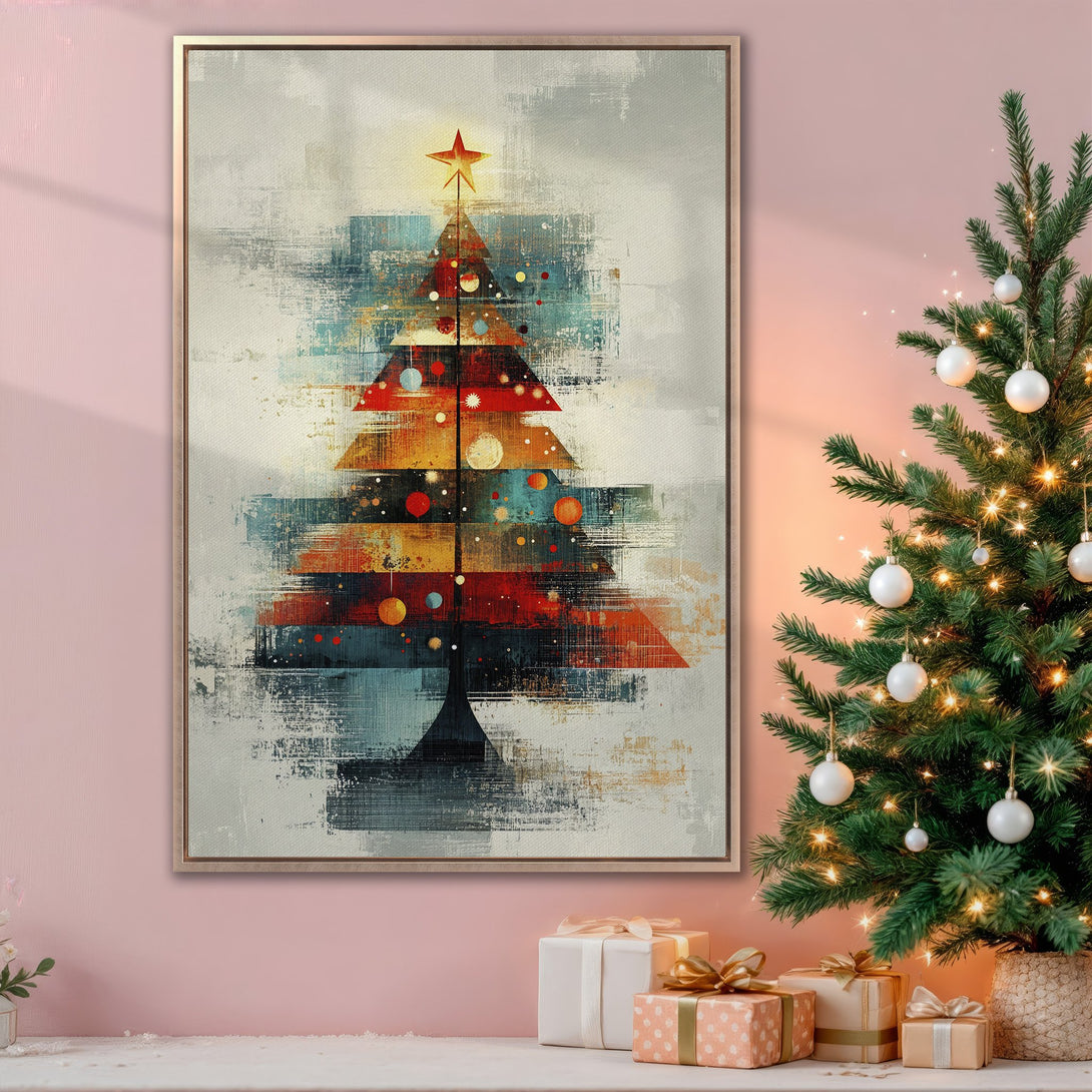 Framed Wall Art: Abstract Christmas tree painting with a warm color palette. Modern art for holiday decor, perfect for adding festive cheer.