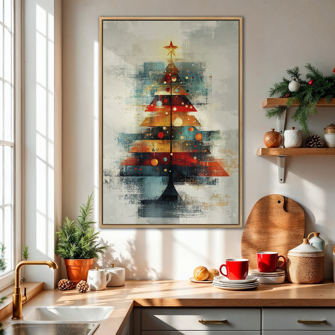 Framed Wall Art: Abstract Christmas tree in warm red, orange, and blue hues. Modern art canvas print adds festive style to any interior.