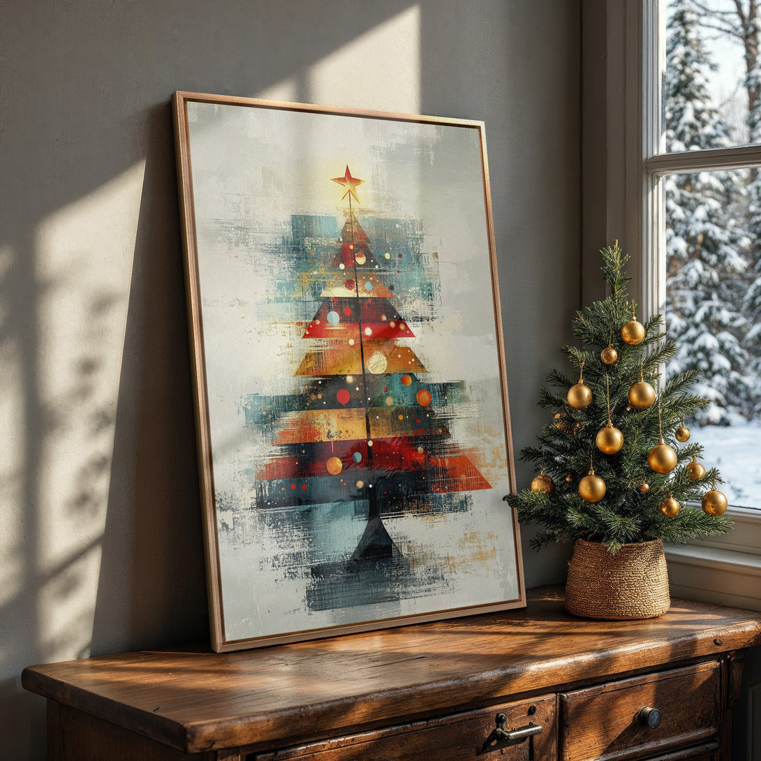 Framed Wall Art: Abstract Christmas tree canvas print with a warm, colorful palette. Modern art for holiday decor.