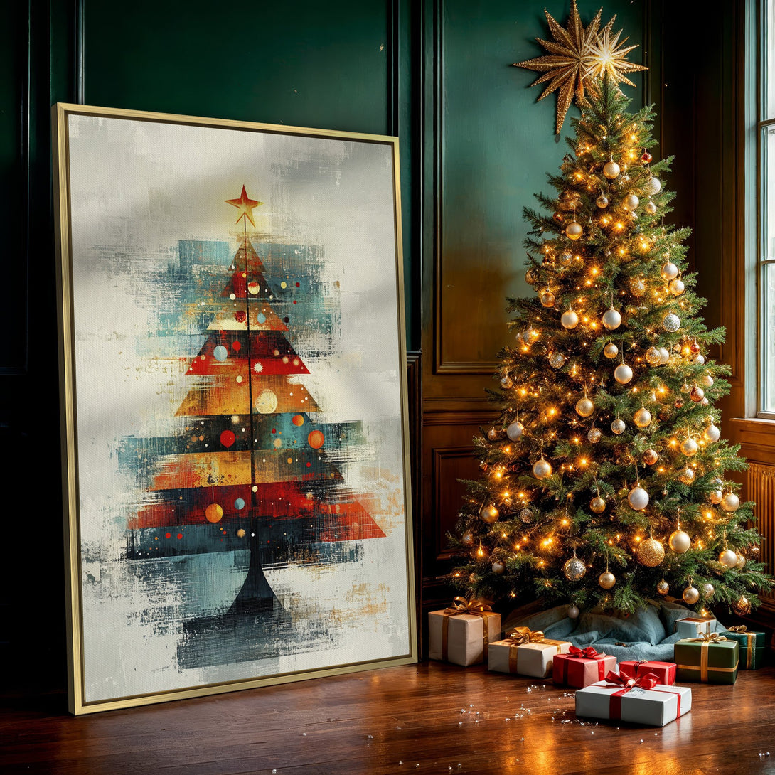 Canvas Print of abstract Christmas tree art in warm red, gold, and blue tones. Modern wall decor for festive home styling.