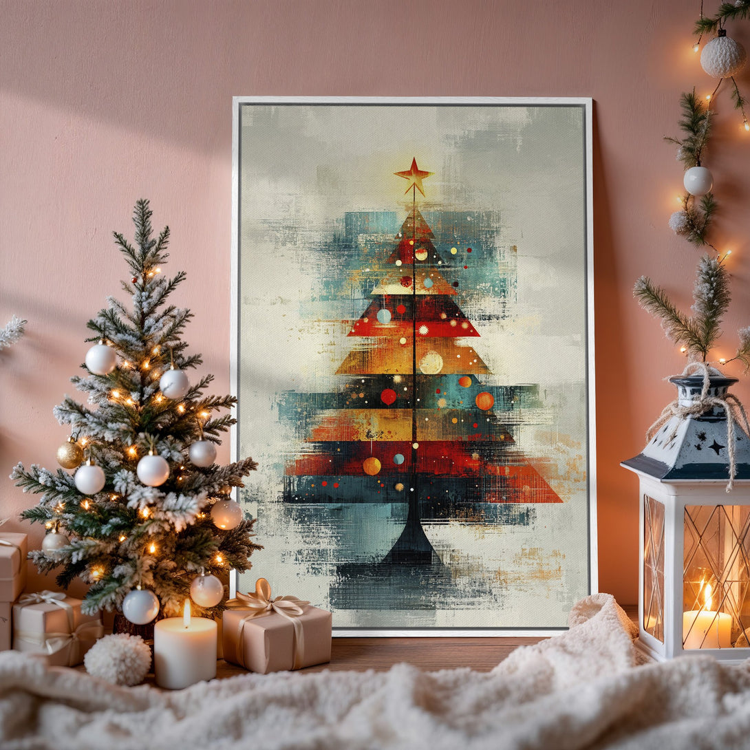 Framed Wall Art: Abstract Christmas tree in warm red, orange, and teal tones. Modern art for holiday decor.
