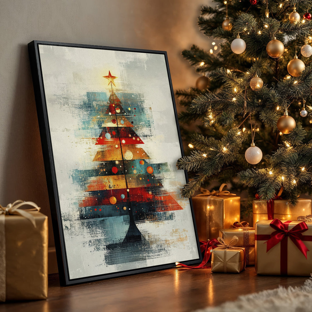 Framed Wall Art of a modern, abstract Christmas tree in a warm, festive interior. Features a colorful palette of red, blue, and gold.