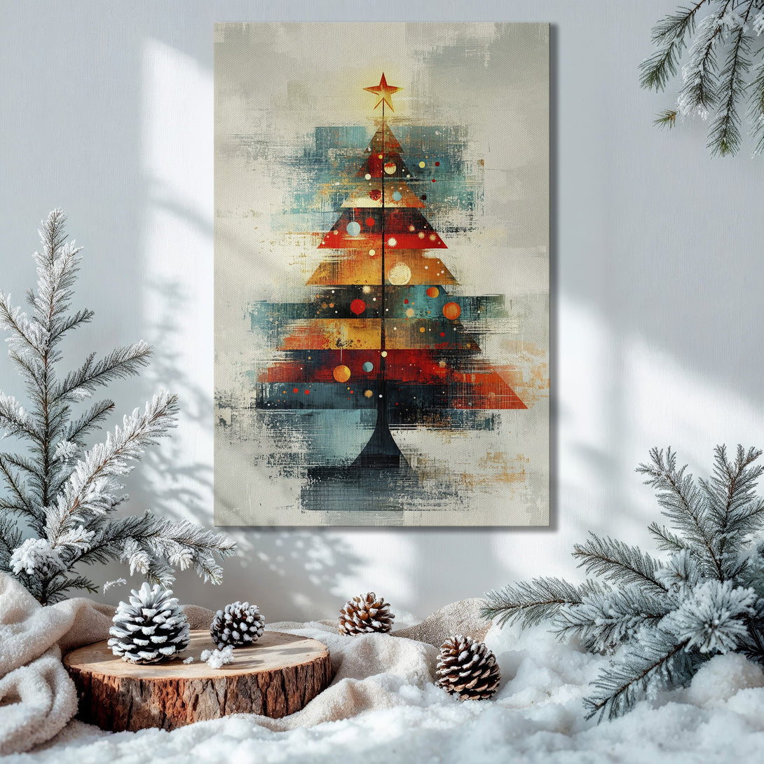 Framed Wall Art: Abstract Christmas tree in warm, festive colors. Modern art canvas print adds holiday cheer to any home.
