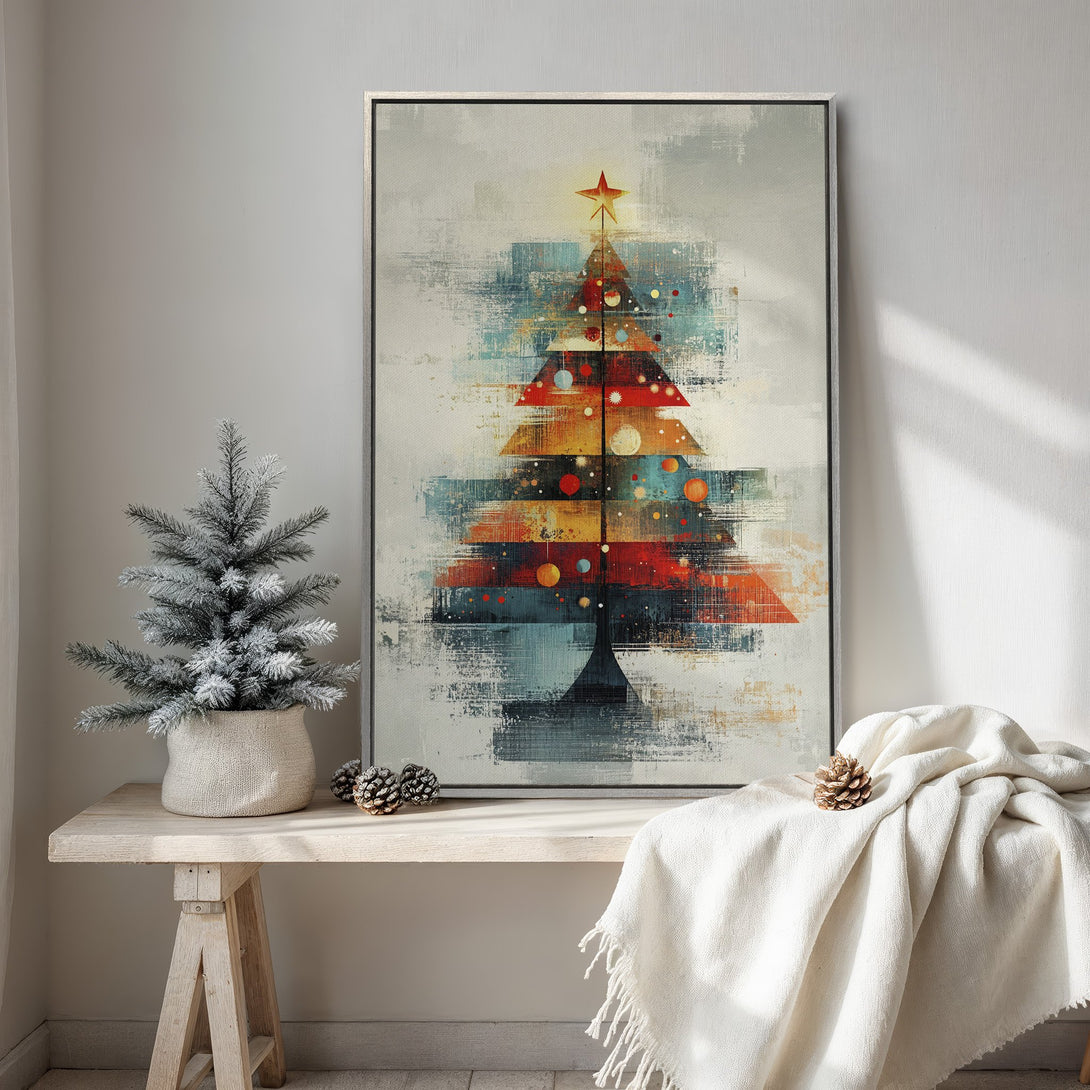 Framed Wall Art: Abstract Christmas tree art in a modern style. Features a warm color palette of red, orange, and blue. Perfect holiday decor!