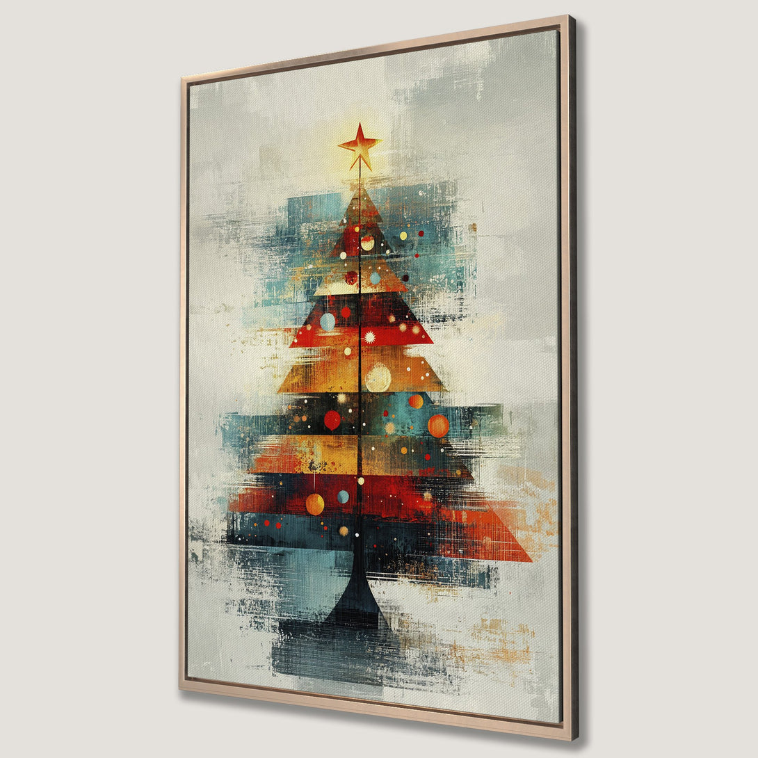 Framed Wall Art: Abstract Christmas tree canvas print in a modern style with a warm color palette of red, orange, and blue. Perfect for holiday decor!