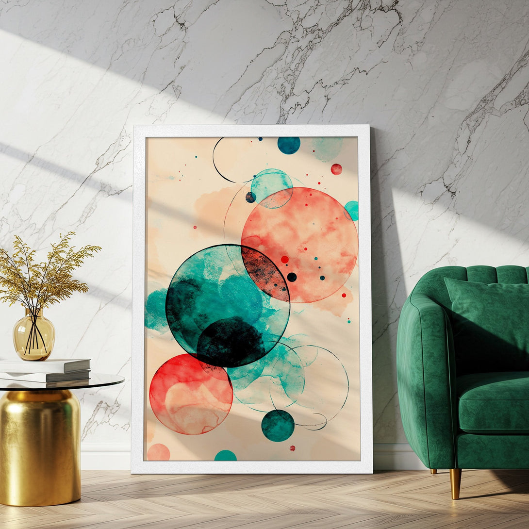 Framed Poster featuring abstract watercolor circles in red, teal, and beige. Modern art style, perfect for home decor.