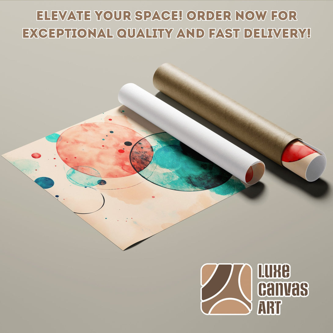 Abstract art poster roll with watercolor circles in a warm color palette. Shop now!