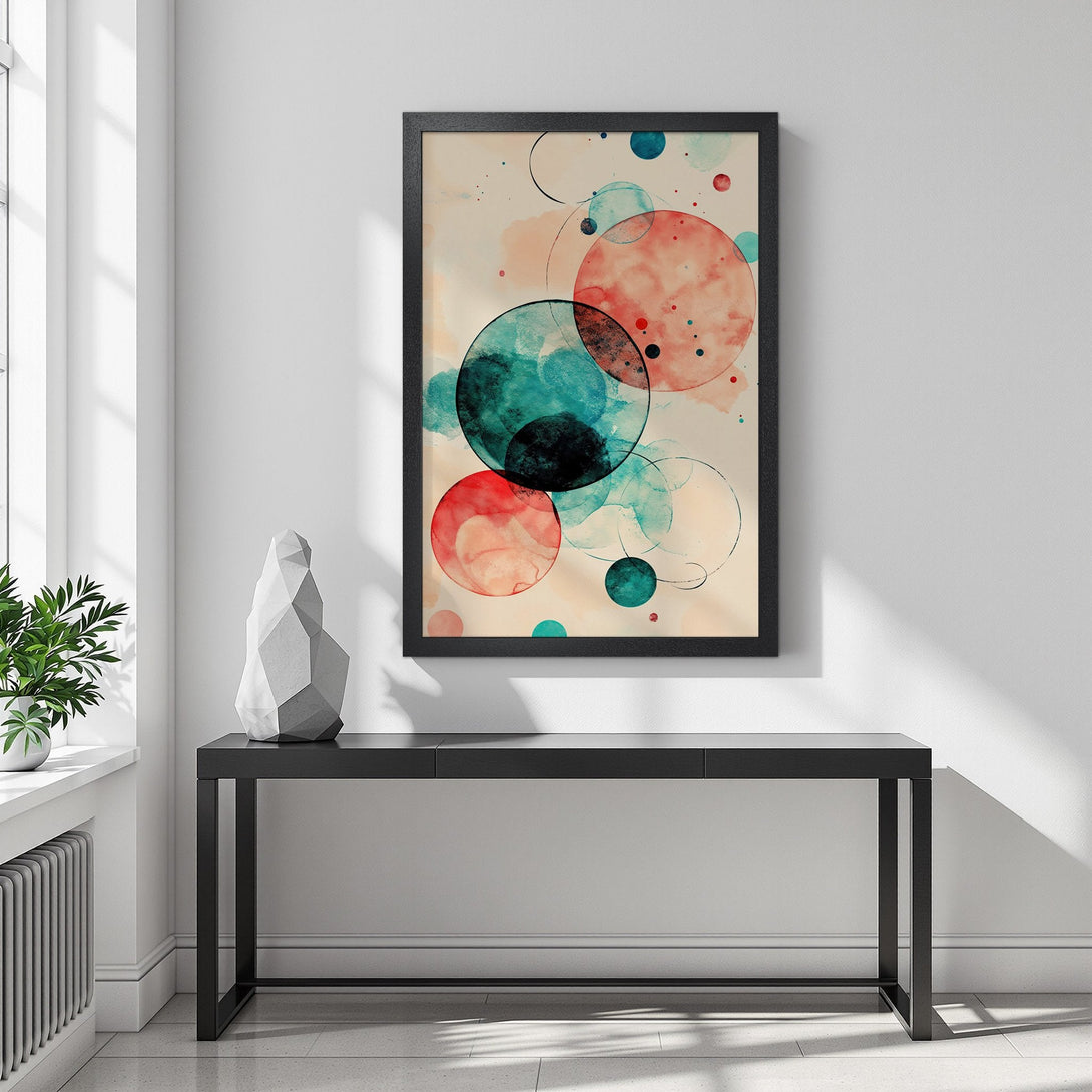 Framed Poster featuring abstract watercolor circles in teal, red, and peach. Modern art print perfect for home decor.