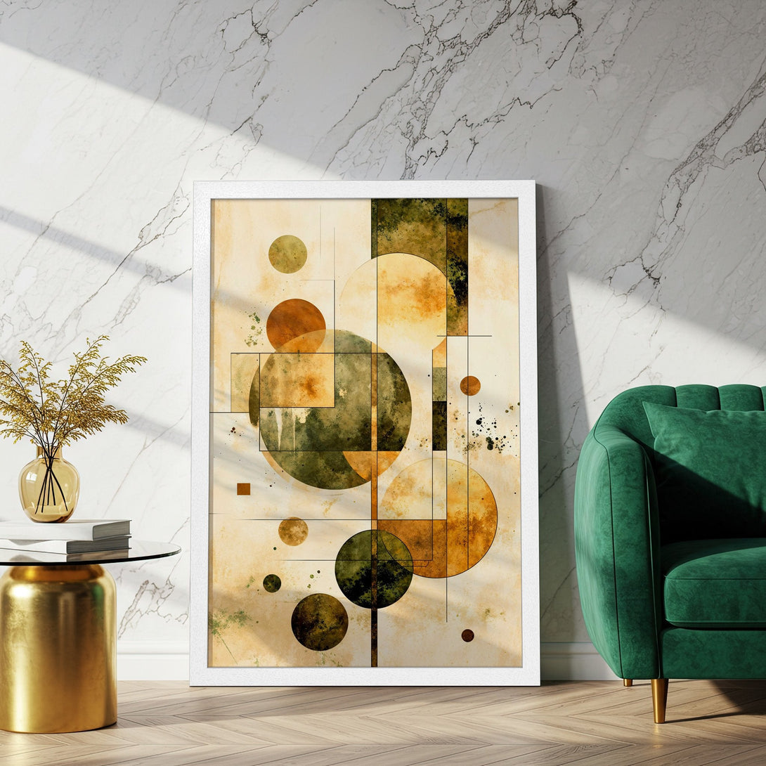 Framed Poster featuring abstract geometric art in earthy tones. Perfect wall decor for modern spaces.