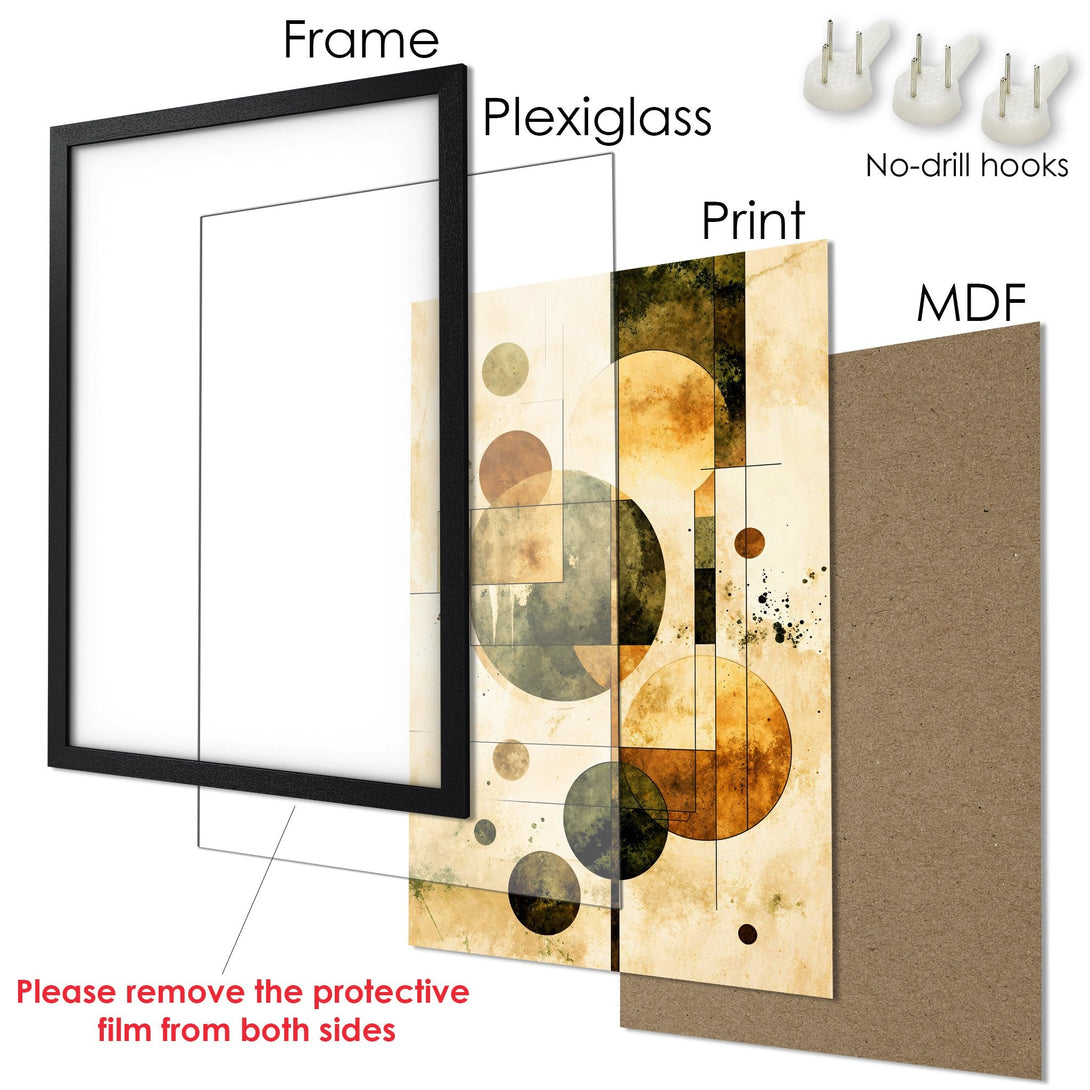 Framed Poster featuring abstract geometric art in earthy tones. Modern art print ready to hang and elevate your space.