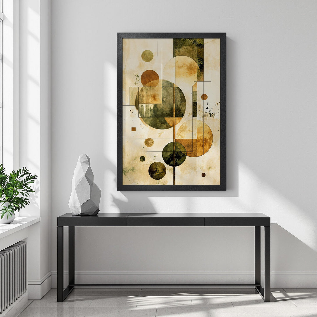 Framed Poster featuring abstract geometric art in earthy tones. Enhance your space with this stylish wall art.
