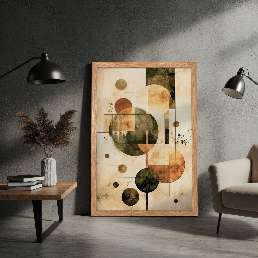 Framed Poster featuring abstract geometric art in earth tones. Modern wall art for your home decor.