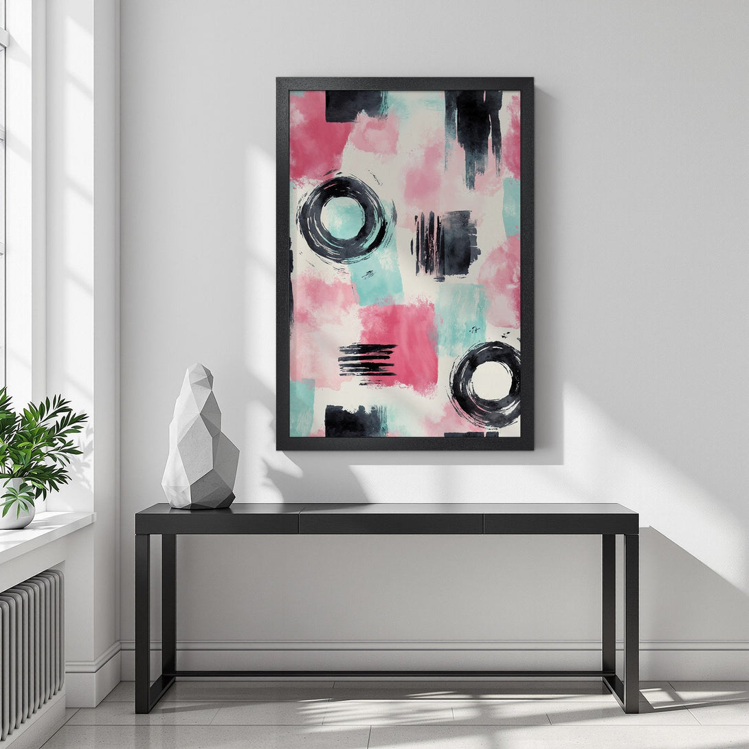 Framed Poster featuring abstract art with pink, teal, and black brushstrokes. Modern style, perfect wall decor.