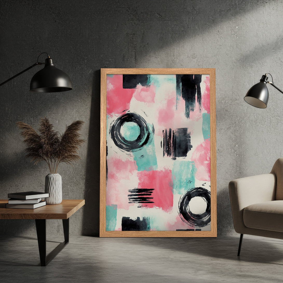 Framed Poster featuring abstract art with pink, teal, and black brushstrokes. Modern style, perfect for home decor. Get yours today!