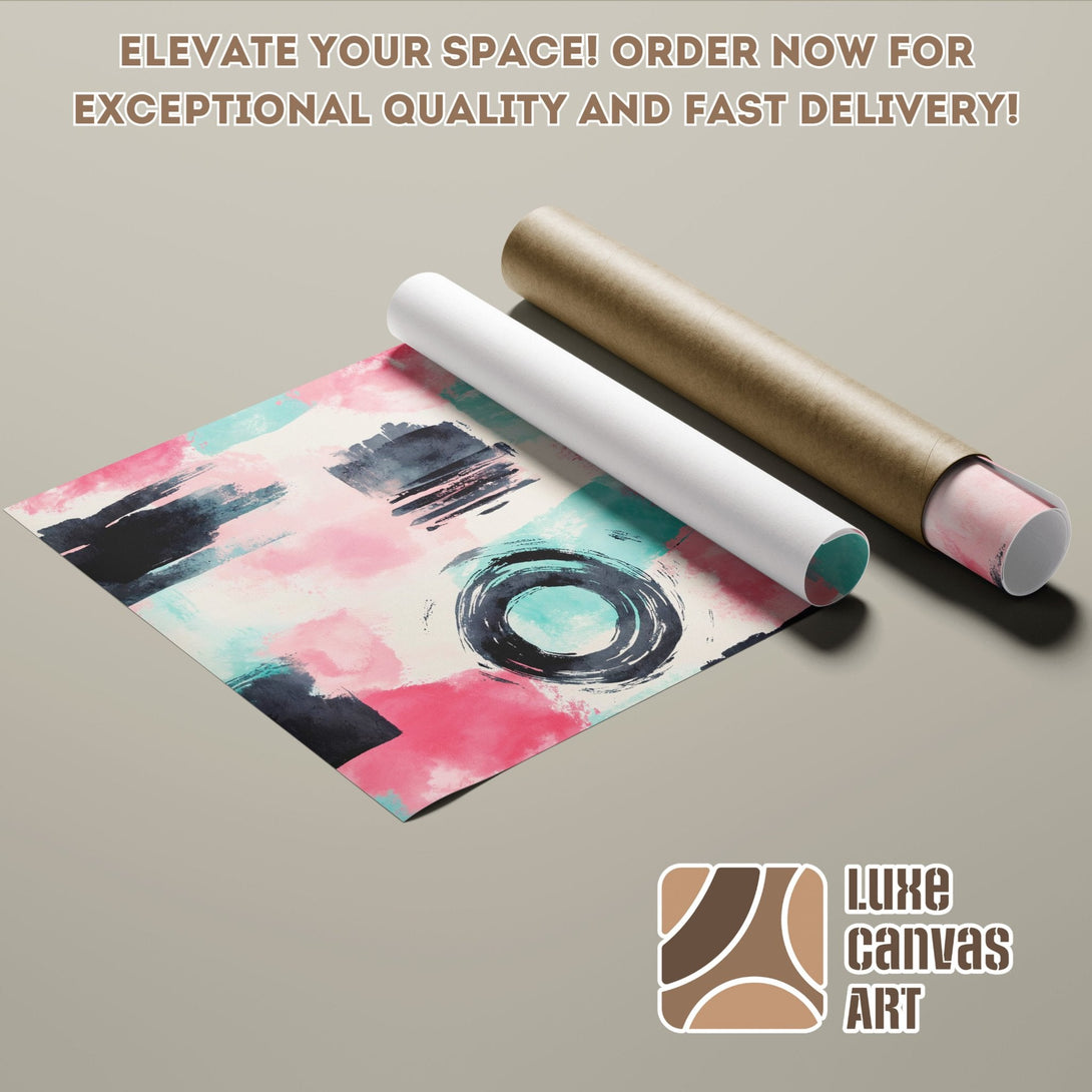 Abstract art poster roll with pink, teal, and black brushstrokes. Elevate your space with this unique poster!