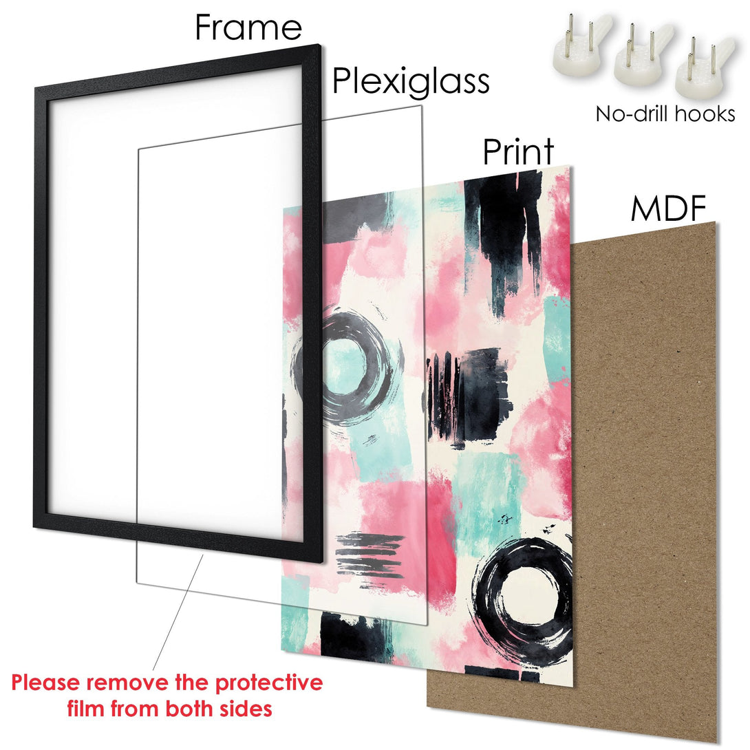 Framed Poster featuring abstract art in pink, teal, and black. Modern wall decor for any space.