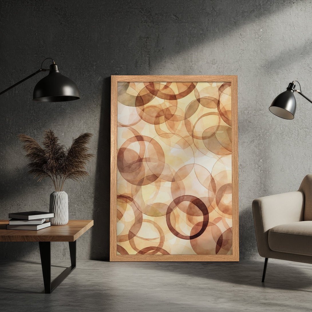 Framed Poster featuring abstract watercolor circles in warm brown tones. Modern art print for home decor.