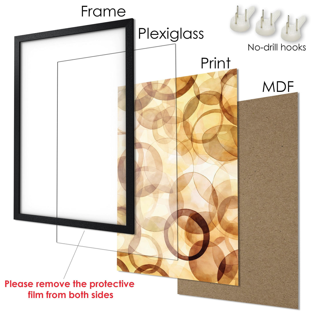 Framed Poster featuring abstract watercolor circles in warm brown and yellow tones. Modern art print for stylish home decor.