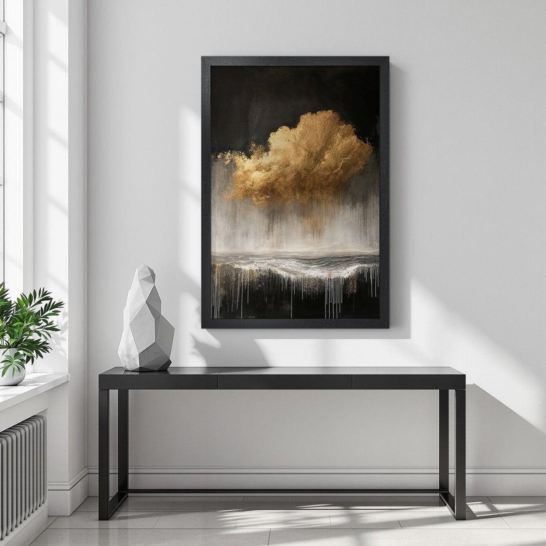 Framed Poster featuring abstract gold cloud art. Modern style, dark & gold color palette. Perfect wall decor.