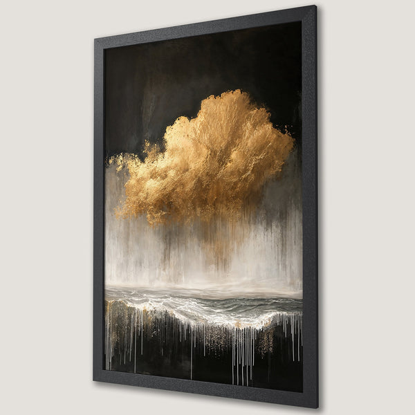 Framed Poster: Abstract art with gold cloud over a sea in black, white, and gold color palette. Perfect wall decor.