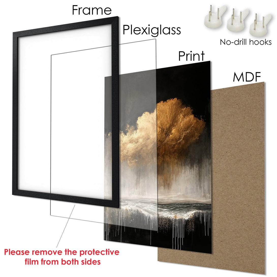 Framed Poster: Abstract art print with gold, black, and white color palette. Modern wall decor for your home.