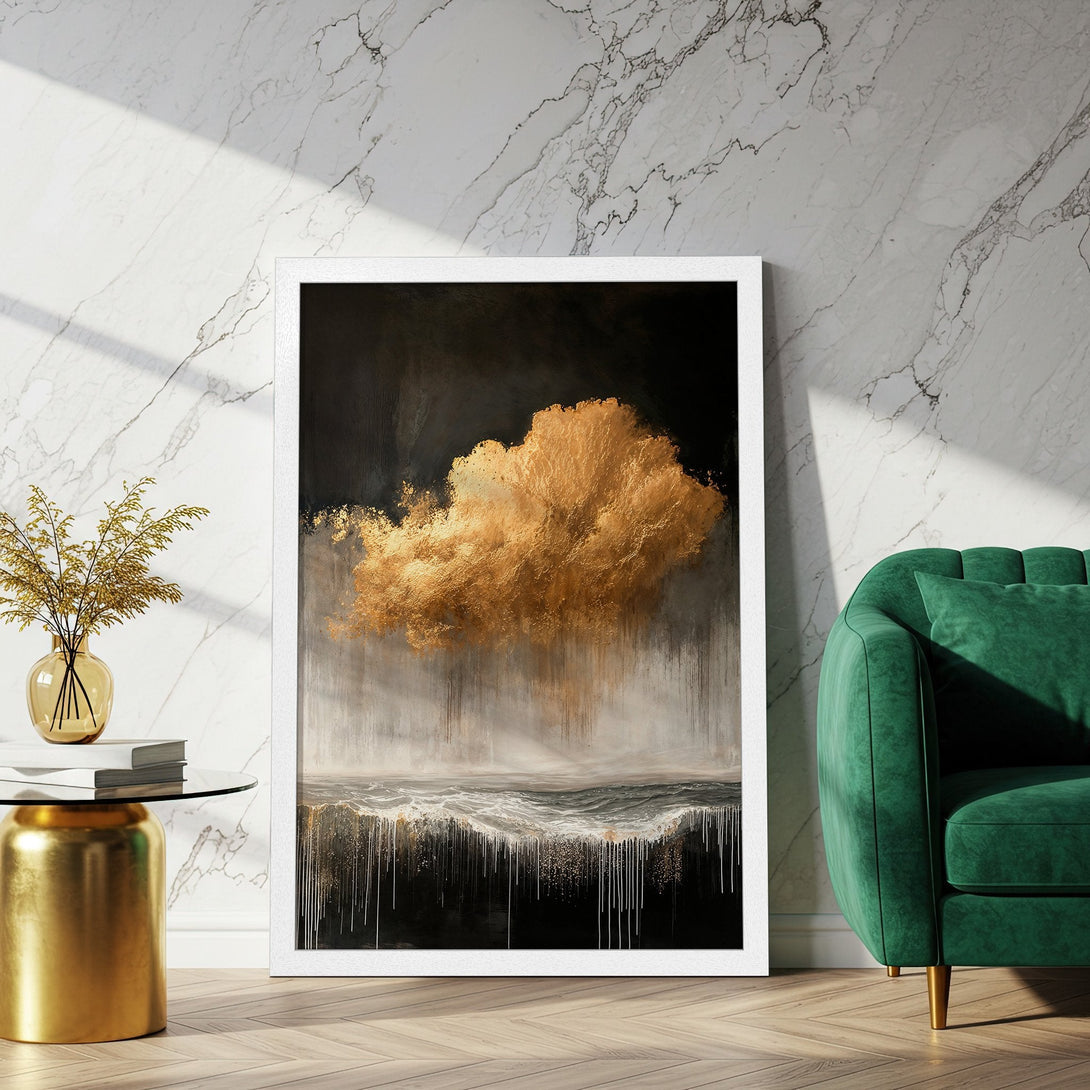 Framed Poster featuring an abstract gold cloud over a sea, with a dark and neutral color palette. Elevate your space with this art print.