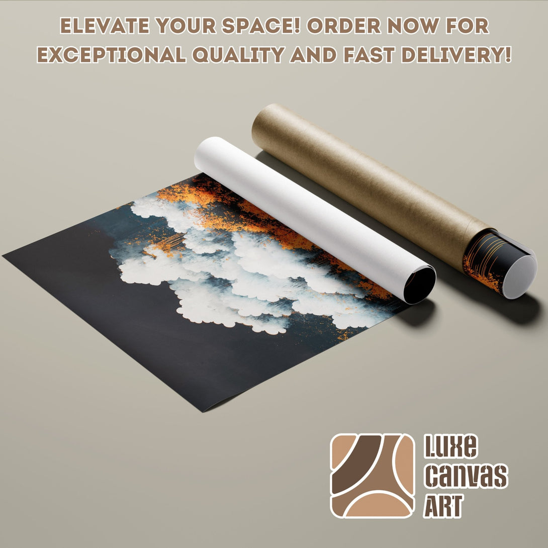 Abstract landscape Poster Roll in dark blue, white, and gold color palette. Elevate your space with art!