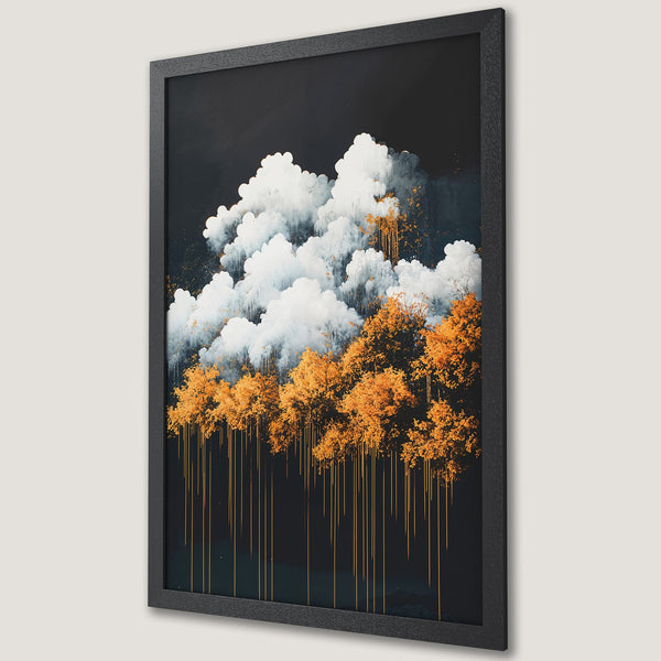 Framed Poster featuring abstract landscape art with white clouds, golden trees, and a dark color palette. Add a touch of nature to your home!