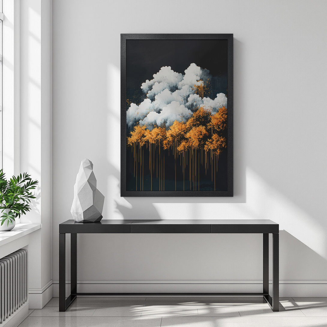 Framed Poster featuring abstract landscape art with clouds and trees. Modern style, dark and gold color palette. Elevate your decor!