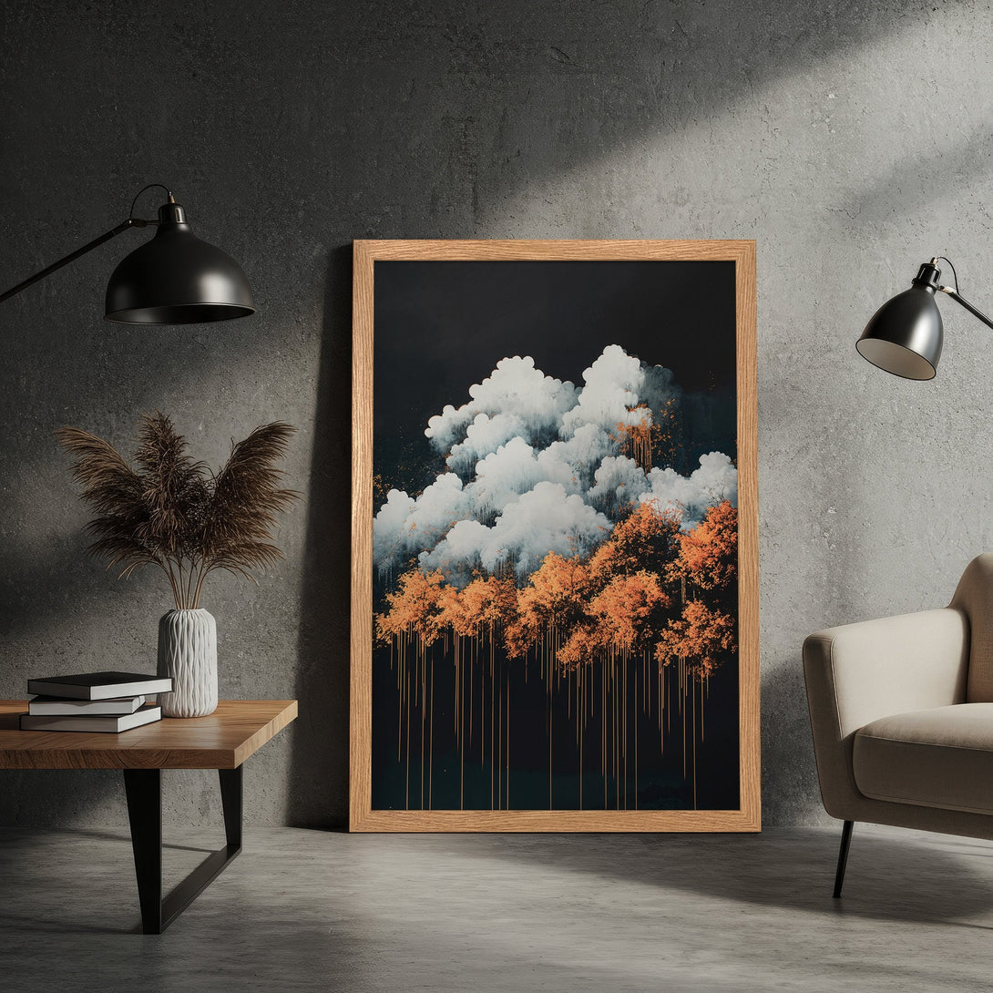 Framed Poster featuring an abstract landscape with clouds and trees in a dark, moody style with a warm color palette.
