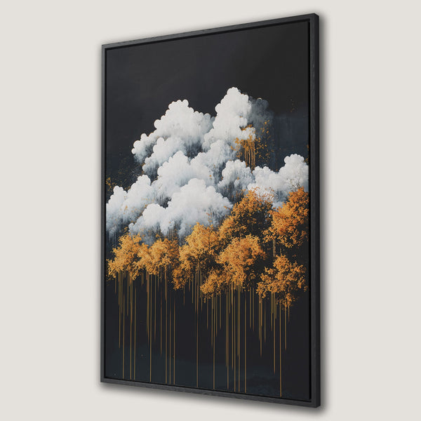 Framed Wall Art: Abstract landscape Canvas Print with gold and white clouds over golden trees against a dark background. Modern art for home decor.