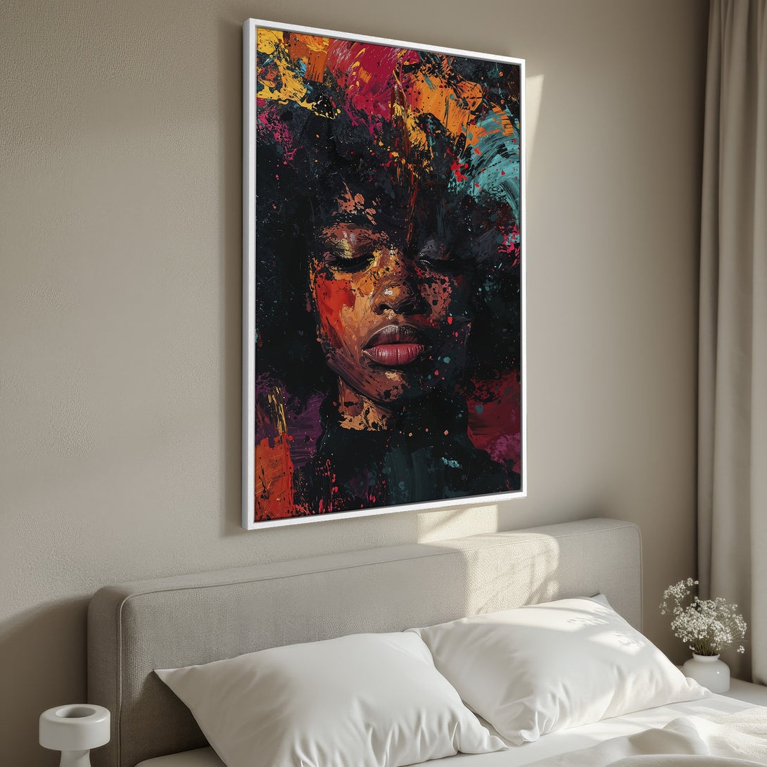 Framed Wall Art of an abstract portrait in a bedroom. Modern Canvas Print with a vibrant, expressive style and a warm, colorful palette.