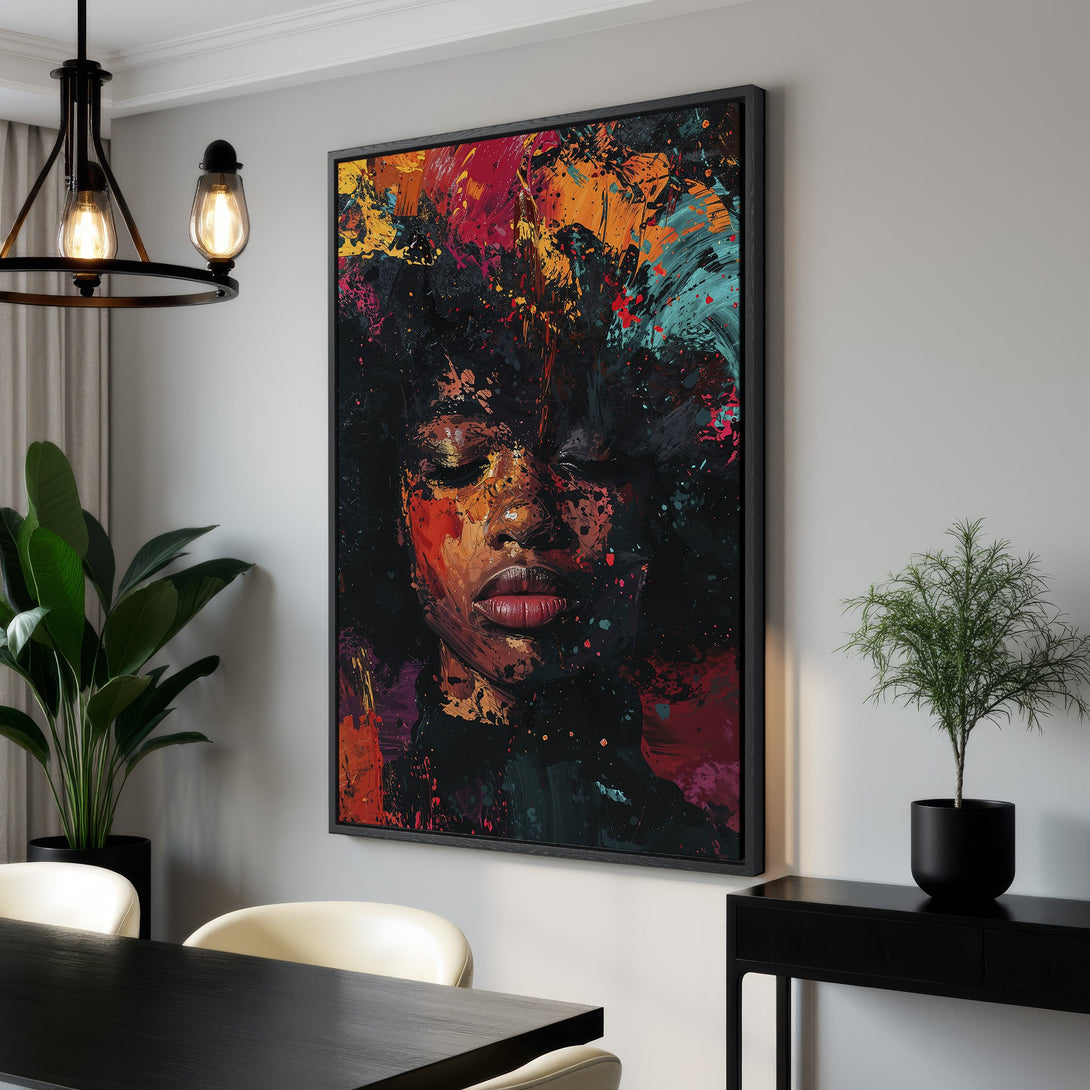 Framed Wall Art: Abstract portrait canvas print with a woman's face, vibrant red, orange, and teal color palette. Modern art for home decor.