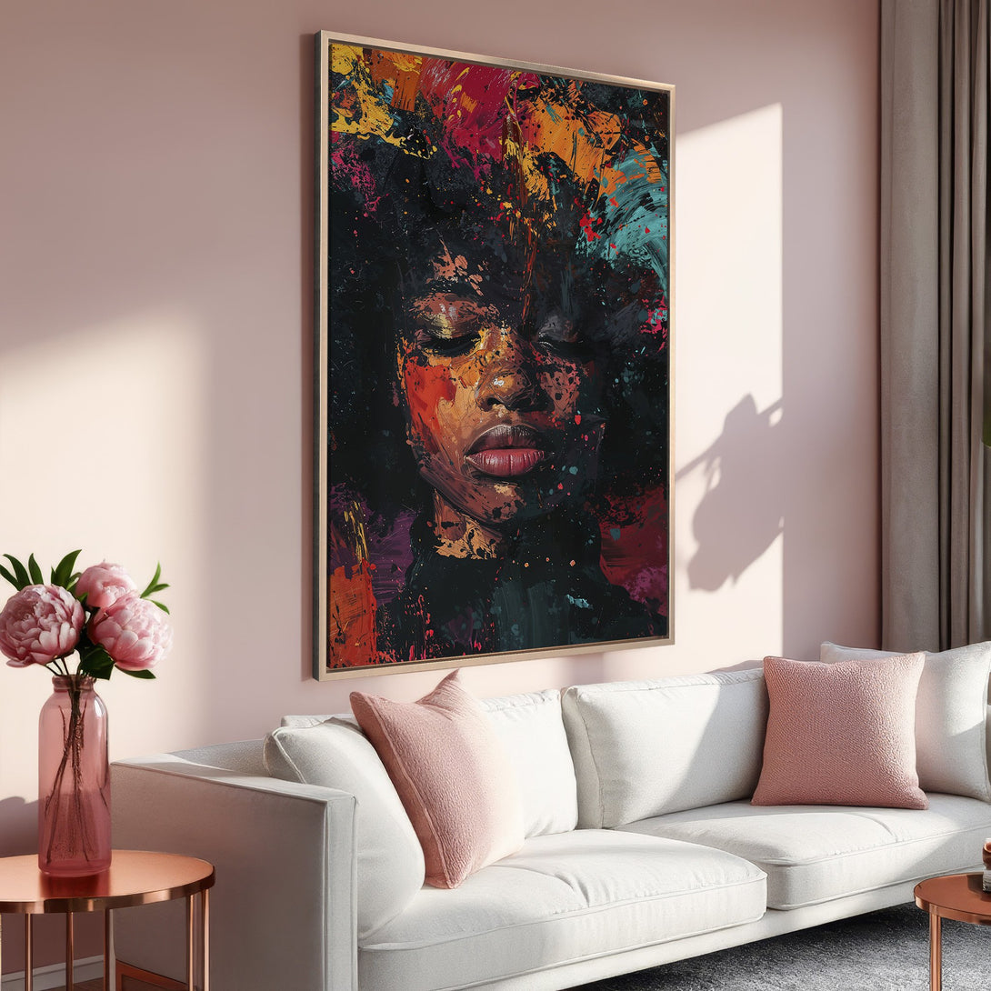 Framed Wall Art: Abstract portrait canvas print in warm tones. Modern art with a black, orange, and red palette, perfect for living room decor.