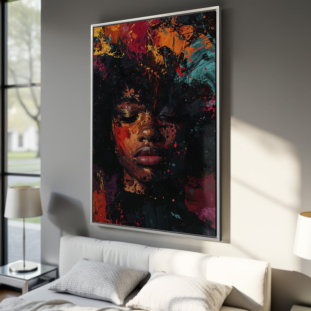 Framed Wall Art: Abstract portrait of a woman. Bold, colorful expressionist style with red, orange, and teal hues. Perfect for modern decor.