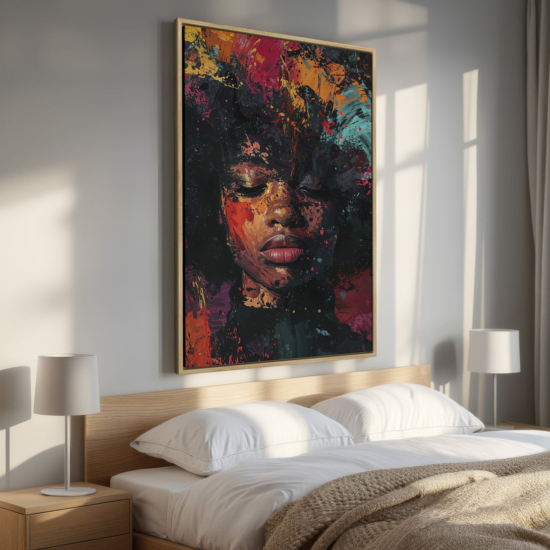 Framed Wall Art: Abstract portrait canvas print with vibrant colors. Modern art decor featuring a woman's face in a bedroom setting, perfect for home styling.