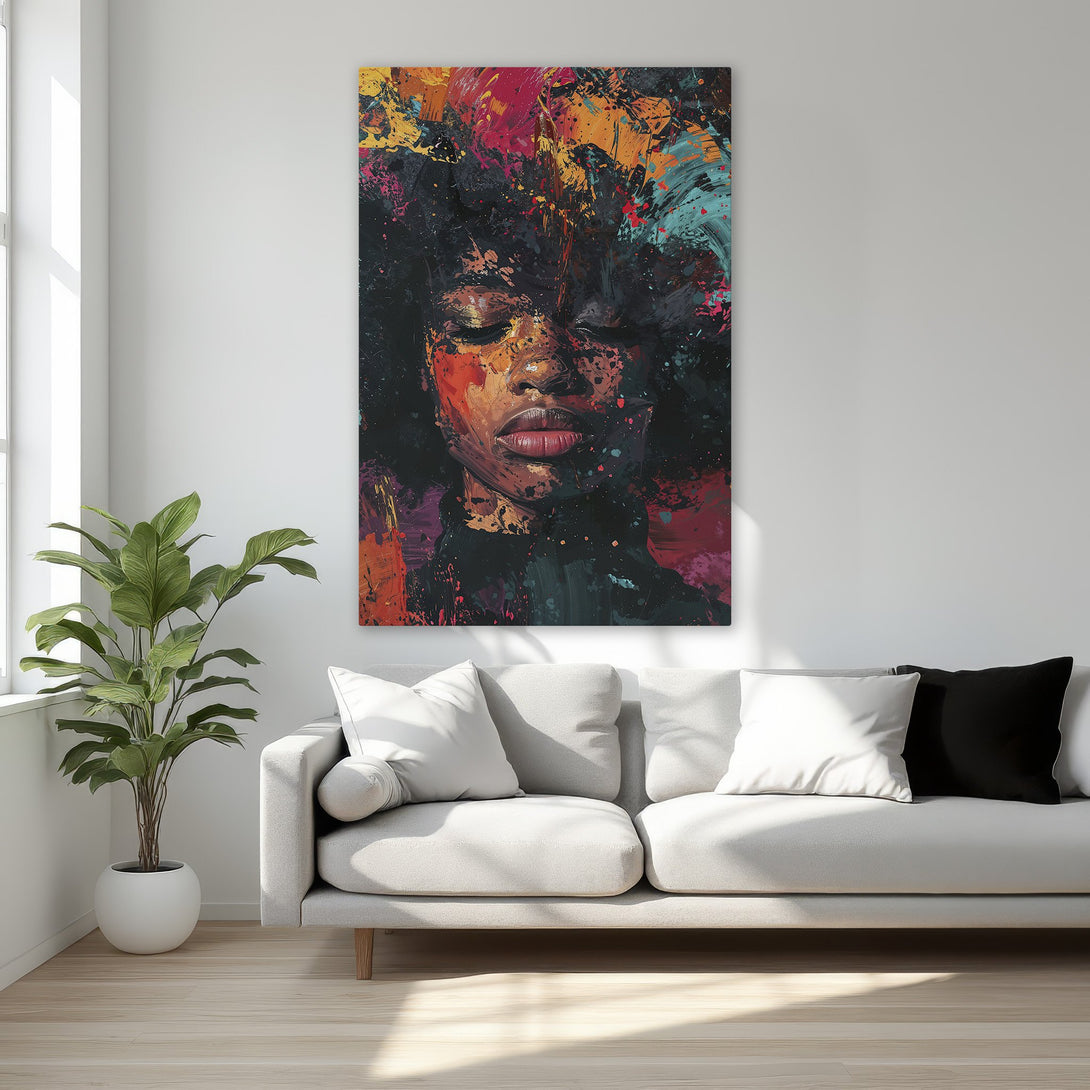 Framed Wall Art: Abstract portrait canvas print in warm tones. Modern art with a woman's face, featuring a vibrant red, orange, and teal color palette. Perfect home decor.