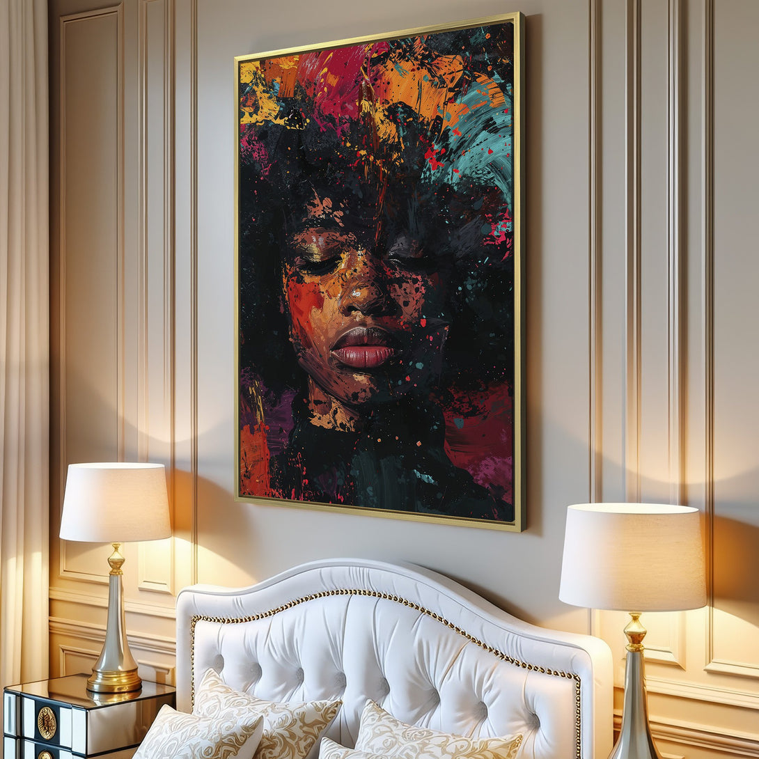 Canvas Print of an abstract portrait with a vibrant, colorful palette, displayed in a modern living room setting.