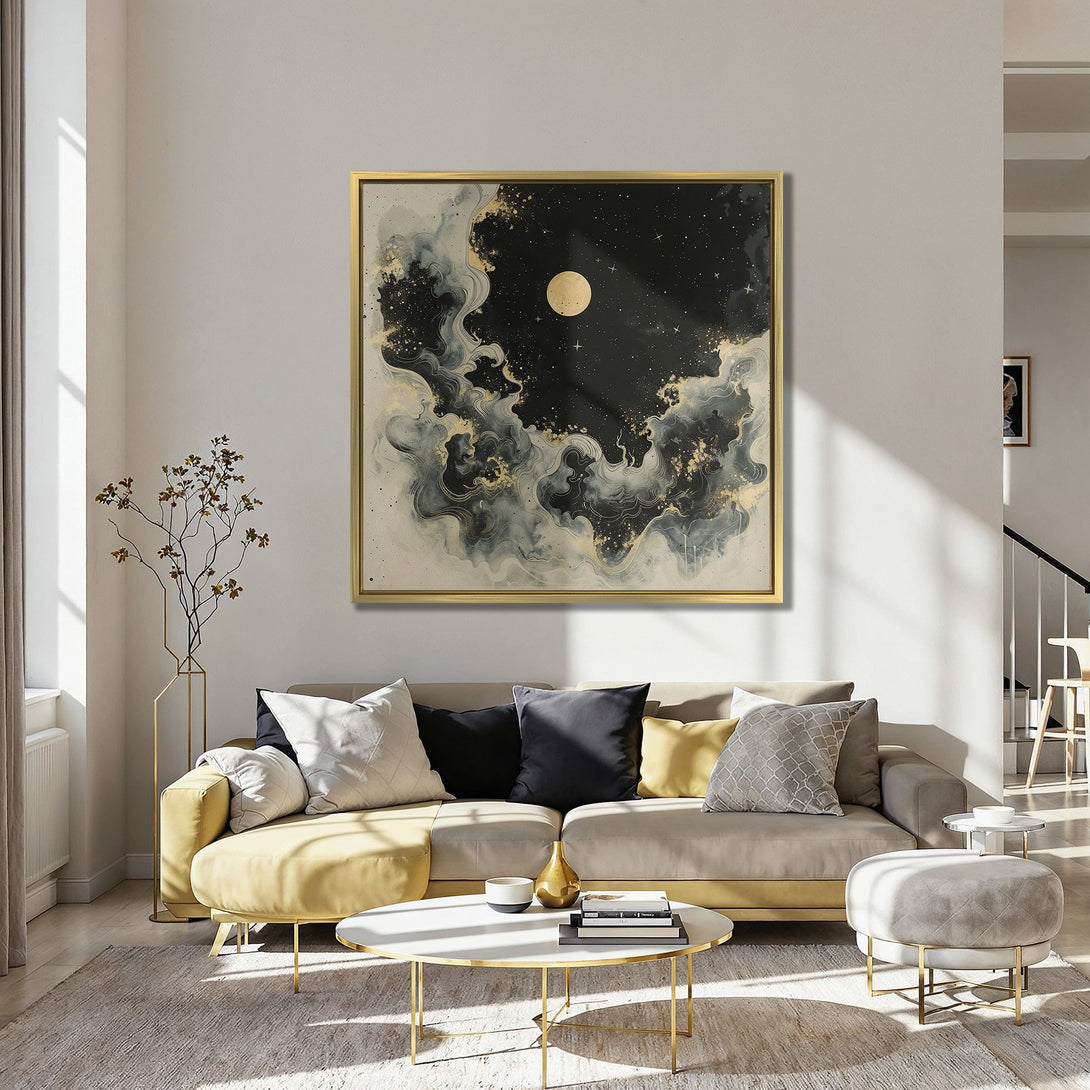 Canvas Print of a celestial night sky in black, gold, and white, adding a touch of elegance to any room.