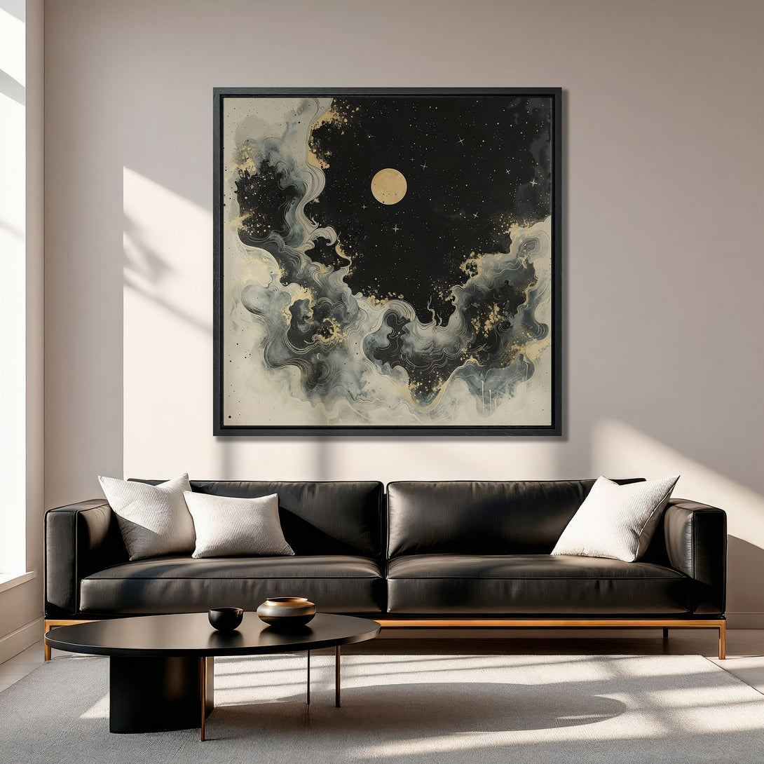 Framed Wall Art: Abstract celestial art print in black, gold, and neutral tones. Modern artwork for living room decor. Enhance your space with this stunning piece.
