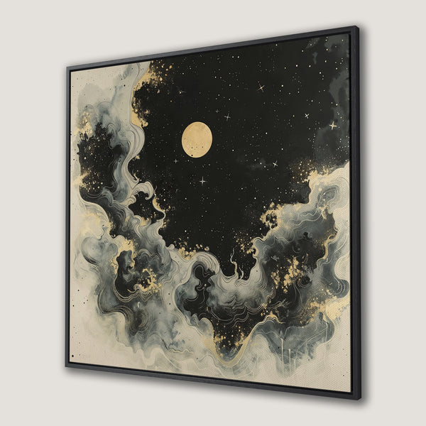 Framed Wall Art featuring a celestial night sky with a moon and stars. Artistic, abstract style with a black, gold, and neutral color palette. Perfect home decor.