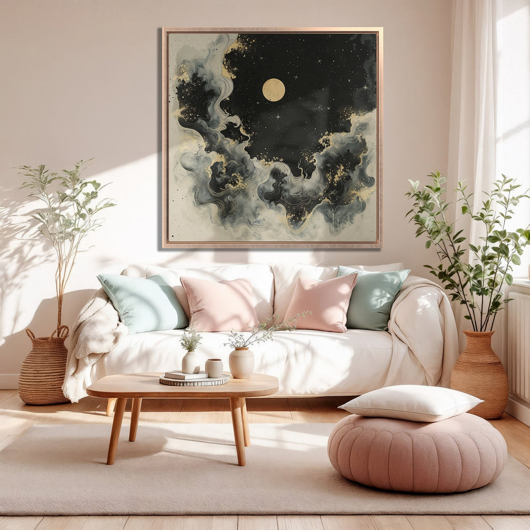Framed Wall Art: Abstract night sky canvas print with gold accents, displayed in a cozy living room. Features a black, gray, and gold color palette.