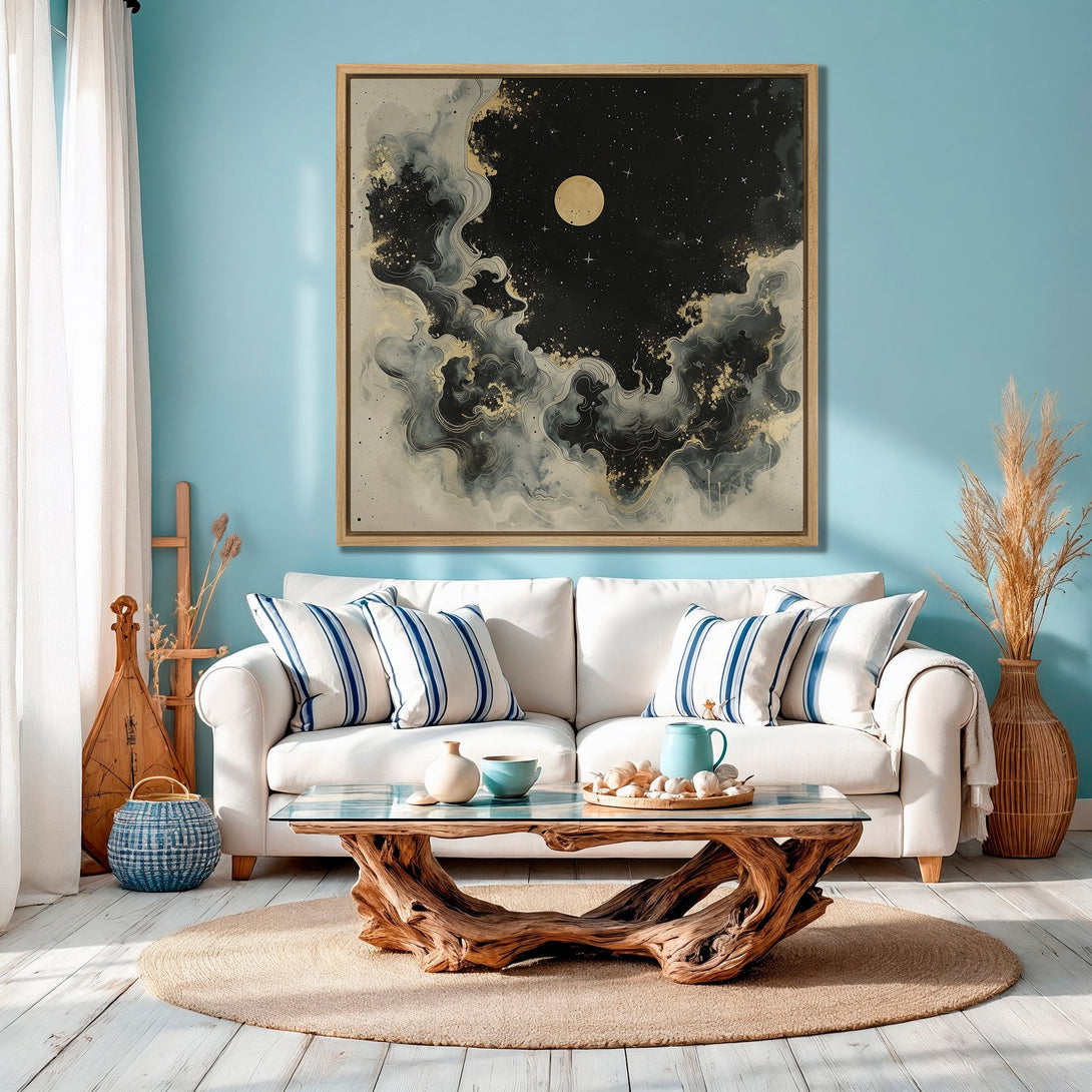 Framed Wall Art featuring a celestial abstract design in black, gold, and gray. Modern art canvas print for a stylish living room.