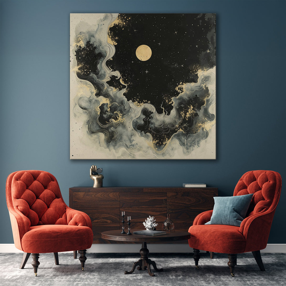 Framed Wall Art: Abstract celestial design in black, gold, and gray. Modern Canvas Print adds a touch of elegance to any interior. Shop now!
