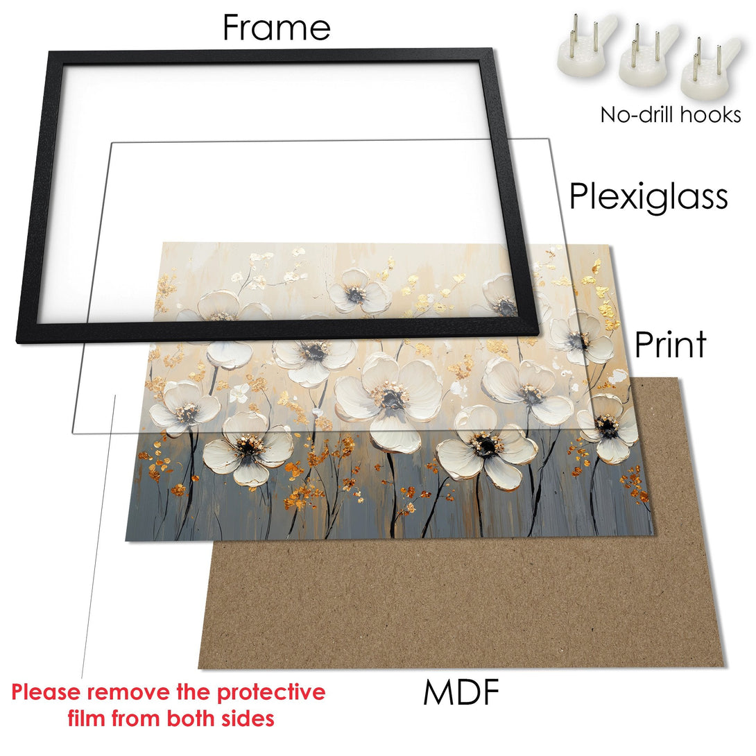 Framed Poster featuring white floral art with gold accents on a neutral palette. Modern art poster for home decor.
