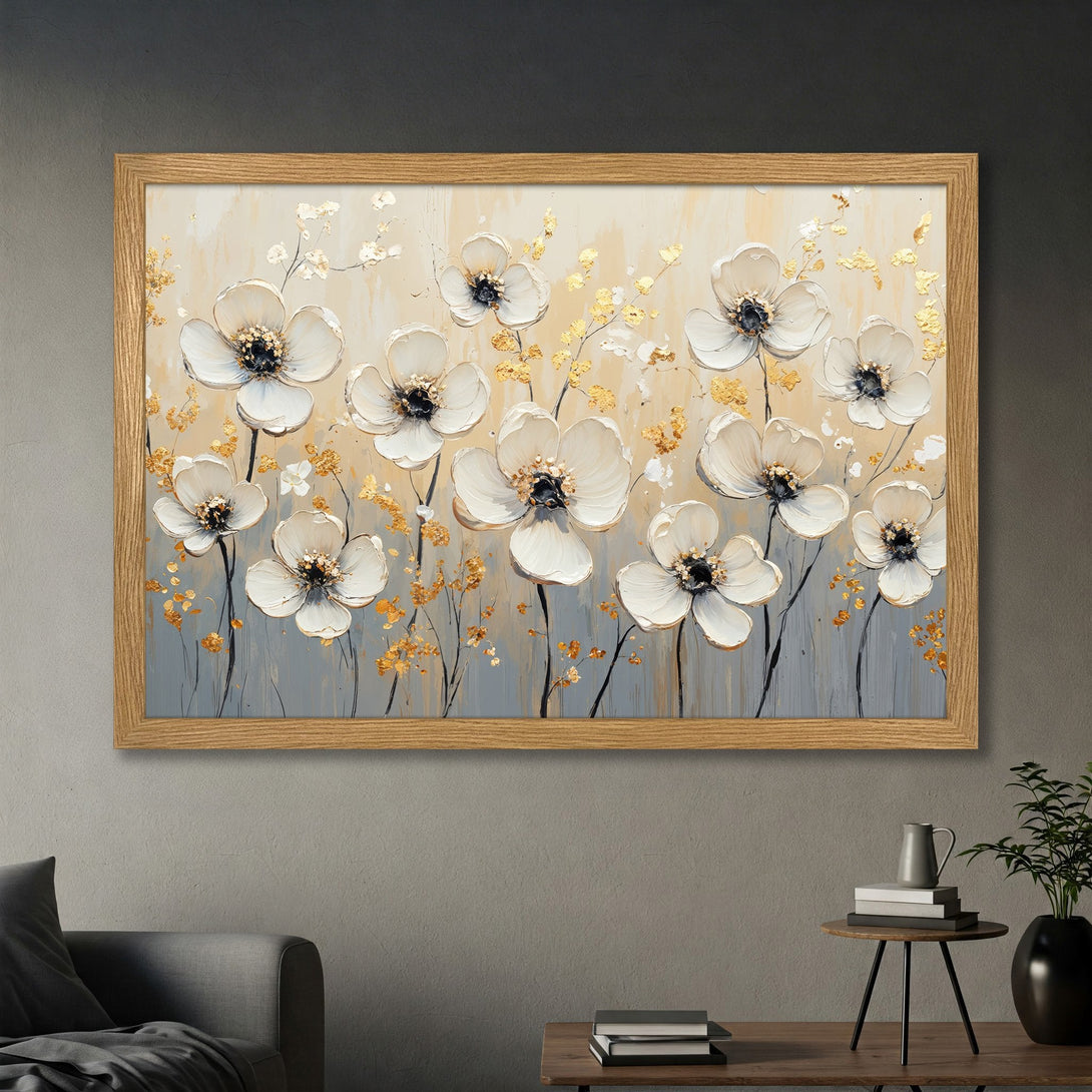 Framed Poster featuring white floral art with gold accents, neutral color palette, perfect for modern home decor.